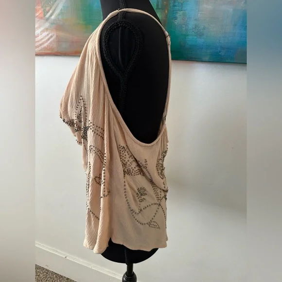 Free People Waiting For You Embellishing Beaded Tan Cami Cowl Neck Adjustable L - Picture 4 of 16
